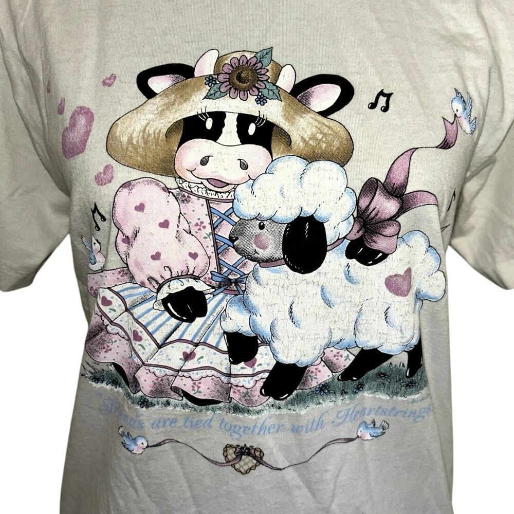 90s Fruit Of The Loom Air Waves Cow Sheep T Shirt White Size Medium Vintage Cute - Picture 2 of 7